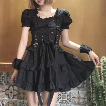 Lolita Black, Gothic Japonijos Viktorijos Renesanso Moterų Retro Chic Punk Stiliaus Sluoksniuotos Rankovėmis Tvarstis Mini Suknelė Mergina Suknelės