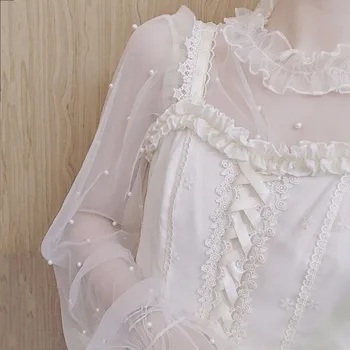 Lolita Palaidinės Pearl Nėrinių Apykakle Balta Juoda Ilgomis Rankovėmis Undershirts Viršuje Moterų, Mergaičių Marškiniai