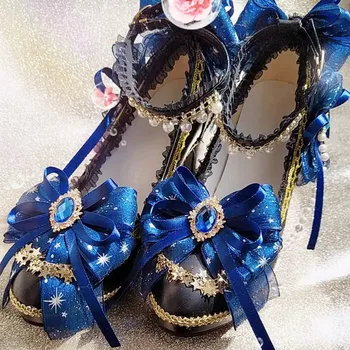 Lolita Rankų darbo Gėlių Vestuvių Suknelė, Batai Gėlių Arbata Partijos Juodosios Storio Aukšti Kulniukai 6cm Derliaus Japonijos Prabangių Goth Batai