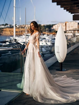 LORIE Paplūdimys Vestuvių Suknelės Boho Elegantiškas Nėrinių Appliques Minkštas Tiulis Vestuvinės Suknelės Plius Dydžio Iliuzija ilgomis Rankovėmis Princesė Suknelės