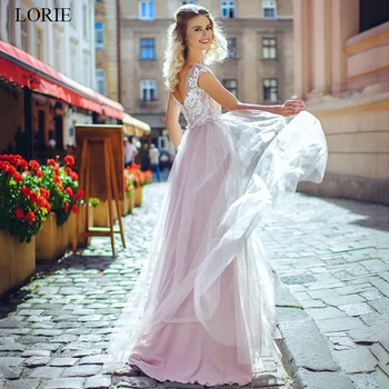 LORIE Rožinė Vestuvių Suknelės 2019 Linijos Tiulio Vestuvių Suknelės Nėriniai Appliqued Vestido De Novia Backless Nuotakos suknelė Užsakymą dydis