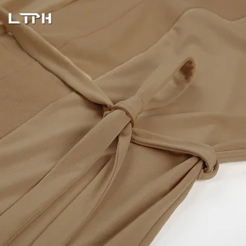 LTPH elegantiškas off-pečių vientisos spalvos trikotažo Velniop Kaklo ilga suknelė moterims seksualus padalinta juosmens diržas slim suknelės 2020Autumn Mados Nauja