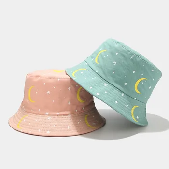LVYI 049 Moterų, Gėlių, dangaus, mėnulio spausdinti medvilnės kibirą skrybėlę Vasarą, Suaugusiųjų laisvalaikio medvilnės žvejo kepurė panama gorros atostogų