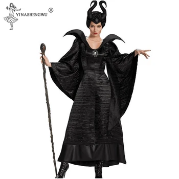M-XL Plus Size Helovinas Maleficent Cosplay Kostiumai, Moteris, Baisu Siaubo Drabužių Komplektas su Ragais Juoda Karalienė Ragana Drabužių 5size