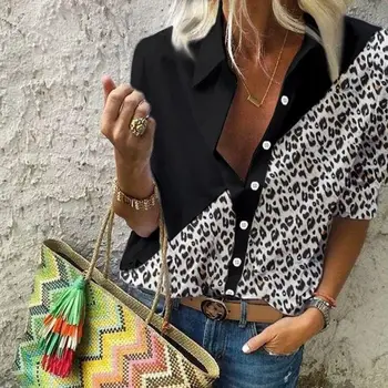 Mada Moterims ilgomis Rankovėmis Leopard palaidinė marškinėliai 2020 m. Vasarą V-kaklo Marškinėliai Lady OLIS Šalių Viršūnių Elegantiškas Plius Dydis Streetwear blusas