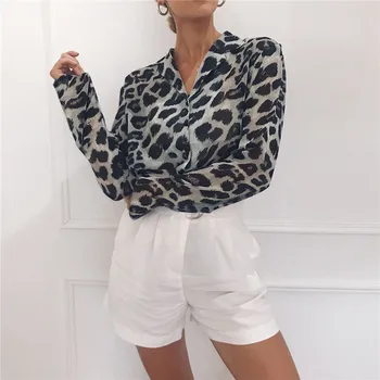 Mada Moterims ilgomis Rankovėmis Leopard Palaidinė V-kaklo Marškinėliai, Ponios OLIS Šalies Viršuje Dames Streetwear Blusas Femininas Elegantiškas Plius Dydis