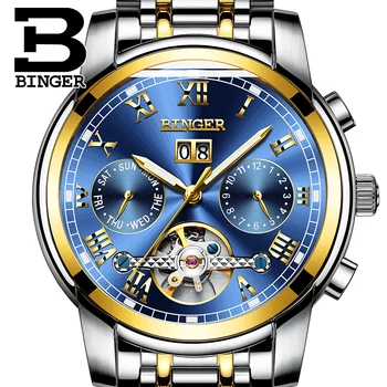 Mada Sporto Laikrodžiai Šveicarijos BINGER Tourbillon Mechaninis laikrodis Kalendorius Safyras Šviesos Vandeniui Automatinis laikrodis Vyrams