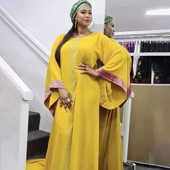 Mados Atsitiktinis Geltona Ilgas Rankovėmis Varpo Musulmonų Suknelė 2021 M. Rudenį Deimantų Šifono Afrikos Suknelės Moterims Abaja Femme Skraiste