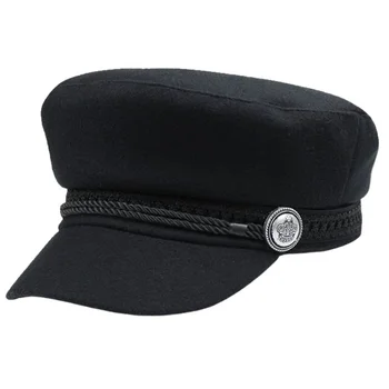 Mados black Hat žieminė Kepurė Vilnos Skrybėlę Moterų Mygtuką Bžūp Atsitiktinis Gatvės drabužiai virvę butas Bžūp Elegantiškas, Kietas Rudenį