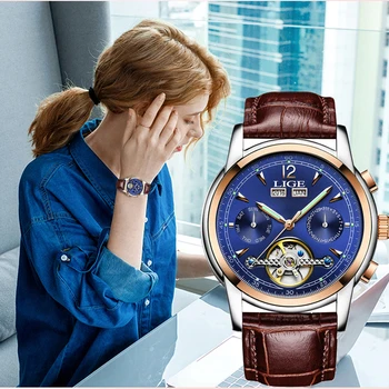 Mados moteriški Laikrodžiai Top Brand Luxruy LIGE Automatinis laikrodis moterims Vandeniui Sporto Laikrodis Ponios Oda Verslo Riešo žiūrėti
