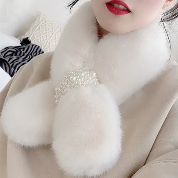 Mados Moterų Žiemą Šiltas Šalikas Pearl Pliušinis Kombinezonai Su Antkrūtiniais Tirštėti Imitacija Triušių Kailių Skara Skara Pliušinis Kaklo Sustorėti