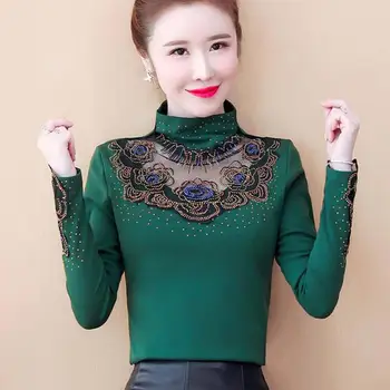 Mados Nėriniai Kratinys Deimantų Moterims Palaidinės Ilgomis Rankovėmis Stovėti Apykaklės Korėjos Vintage Palaidinė Moterų Marškiniai Plius Dydis Moterų Topai