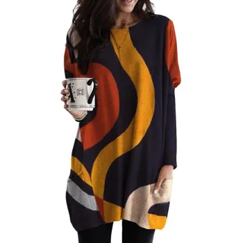 Mados Spalvinga Geometrinis Modelis Kišenėje Ilgai marškinėliai Moterims Atsitiktinis O-Kaklo, ilgomis Rankovėmis Megztinis Viršuje Pavasario Gatvės Plius Dydžio Trišakius