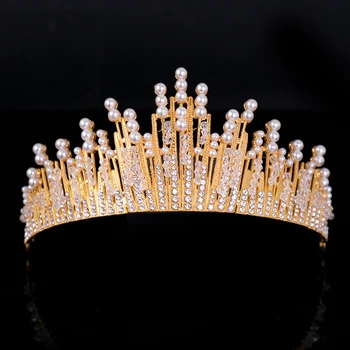 Mados Vestuvių Karūna Baroko Crystal Pearl Karūna Šukuosena Gold Crown Princess Plaukų Aksesuarai Bridal Crown Šukuosena Rankų Darbo