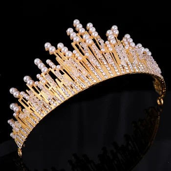 Mados Vestuvių Karūna Baroko Crystal Pearl Karūna Šukuosena Gold Crown Princess Plaukų Aksesuarai Bridal Crown Šukuosena Rankų Darbo