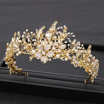 Mados Vestuvių Karūna Rankų Darbo Baroko Aukso Perlas Kalnų Krištolas Crystal Crown Vestuvių Plaukų Aksesuarų, Crown Nuotakos Vestuvių Karūna