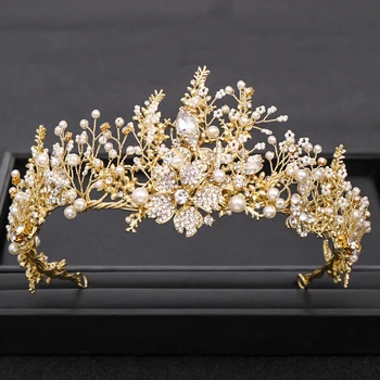 Mados Vestuvių Karūna Rankų Darbo Baroko Aukso Perlas Kalnų Krištolas Crystal Crown Vestuvių Plaukų Aksesuarų, Crown Nuotakos Vestuvių Karūna