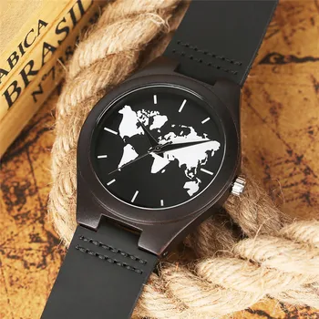 Mados Vyrų Mediniai Laikrodžiai Juodos Kūrybos Pasaulio Žemėlapyje Ciferblatas Juodas Odinis Kvarcinis Analoginis Santalas Rankiniai Medienos Laikrodis Relojes
