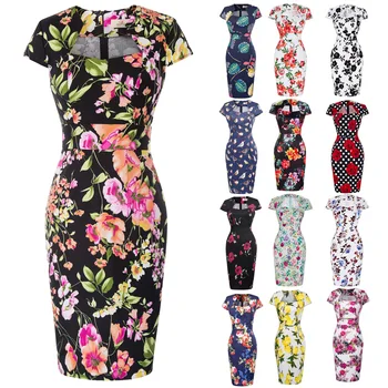 Malonė Karin Moterų Office Suknelės 2020 Metų Vasaros Gėlių Spausdinti Slim Rockabilly Pinup Bodycon Vestidos Darbo Pieštuku Suknelė Plius Dydis 3XL