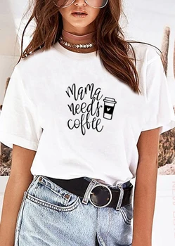 Mama Turi Kavos Spausdinti Vasaros T-shirt Moterims, O-kaklo Medvilnės trumpomis Rankovėmis Juokingi Marškinėliai Moterims Viršuje Laisvi marškinėliai Femme Juoda Balta
