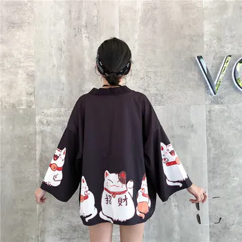 Maneki Neko Japonų Stiliaus Likimo Katės Kimono Haori Yukata Marškinėliai Moterims, Merginoms Retro Chic Traditonal Paplūdimio Kostiumas Vasaros Mados