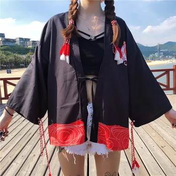 Maneki Neko Japonų Stiliaus Likimo Katės Kimono Haori Yukata Marškinėliai Moterims, Merginoms Retro Chic Traditonal Paplūdimio Kostiumas Vasaros Mados