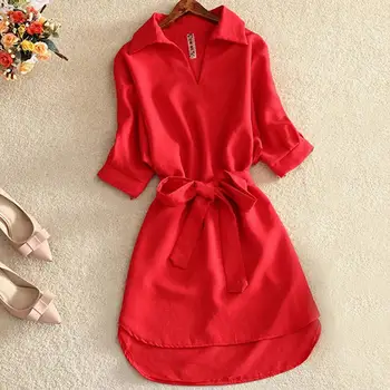 Marškinėliai Moterims 2020 Metų Vasaros Atsitiktinis Suknelė Mados Office Lady Tvirtą Raudona Šifono Suknelės Moterims Varčias Tunika Ponios Vestidos Femme
