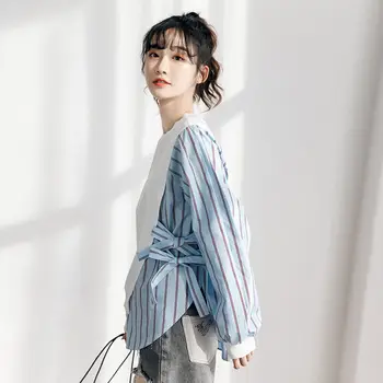 Marškinėliai Moterims Prarasti Negabaritinių Spliced Elegantiškas Dryžuotas Puikus Kolegijos Stilingas Atsitiktinis Moterų Visas Rungtynes, O-Kaklo Mielas Korėjos Stiliaus