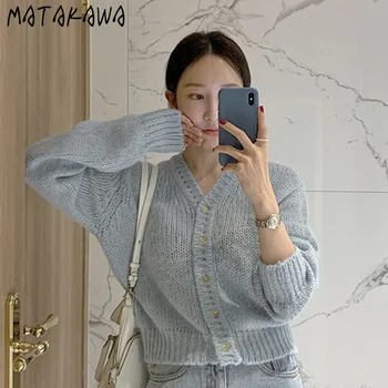 MATAKAWA Single-breasted Prarasti Moterų Megztinis Korėja Prašmatnus Rudenį Mėlynasis V-kaklo, Megztiniai Outwear ilgomis rankovėmis Megzti Megztinis