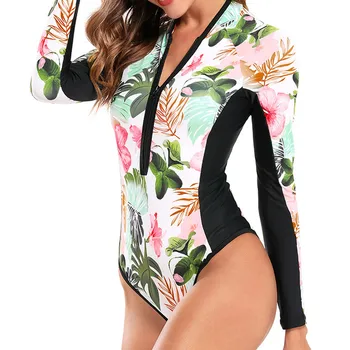 Maudymosi kostiumėliai Moterims 2021 Moterų Konservatorius Gėlių Spausdinti ilgomis Rankovėmis su Užtrauktuku vientisi maudymosi kostiumėlį Bikini