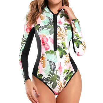 Maudymosi kostiumėliai Moterims 2021 Moterų Konservatorius Gėlių Spausdinti ilgomis Rankovėmis su Užtrauktuku vientisi maudymosi kostiumėlį Bikini