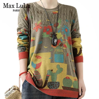 Max LuLu 2020 Korėjos Dizainerio Drabužius Ponios Derliaus Streetwear Moterų Atsitiktinis O Kaklo Megztiniai Prarasti Spausdinti Negabaritinių Puloveriai