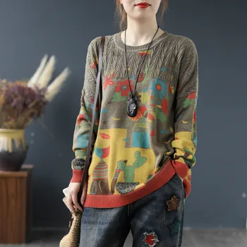 Max LuLu 2020 Korėjos Dizainerio Drabužius Ponios Derliaus Streetwear Moterų Atsitiktinis O Kaklo Megztiniai Prarasti Spausdinti Negabaritinių Puloveriai