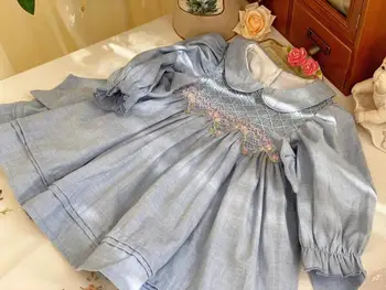 Maža Mergaitė, Raukiniais Suknelės Tiktų Nustatyti 2020 M. Rudenį Kūdikių Mergaitėms Ilgomis Rankovėmis Siuvinėjimo Smocked Suknelė Už Šalis Gimtadienio Vestidos