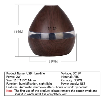 Medienos tekstūros Oro Drėkintuvas 300ML Ultragarsiniu šaltu Vandeniu Difuzorius su LED lempa, Mini USB Aromatas Rūkas Maker Fogger Humidificador