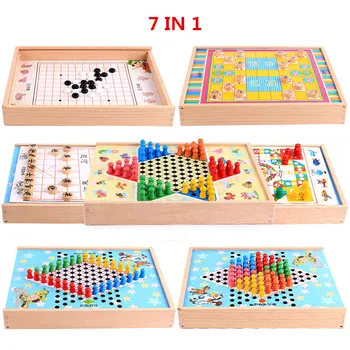 Mediniai žaislai 3D Puzzle Visus į vieną plaukioja šachmatai, multi-function šachmatai mediniai šachmatų