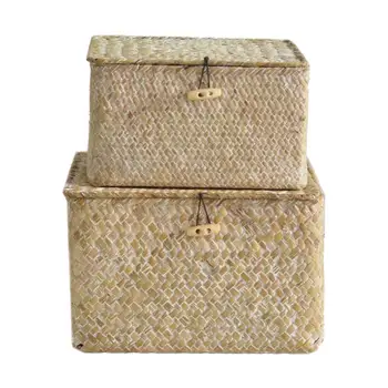 Medvilniniai Saugojimo Krepšys Su Dangčiu Rotango Įvairenybės Talpinimo Vytelių Krepšelį Rankų Darbo Rūšiavimo Dėžės, Seagrass Papuošalų Organizatorius