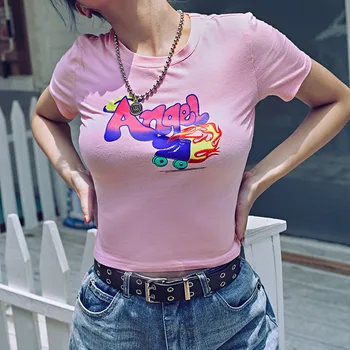 Medvilnės Seksualus Viršuje Pasėlių Moterų Vasara O-Kaklo Angelas Laiškas Išspausdintas Rožinis Slim Y2K VIRŠUJE trumparankoviai Šalis T-Shirt 2020 Mados