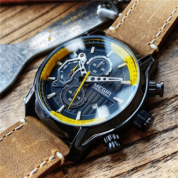 MEGIR Mada Sporto vyriški Laikrodžiai Vandeniui Šviesos Laikrodžius Vyrų Odos Chronograph Kvarcas Armijos Laikrodis Reloj Hombre 2020 m.