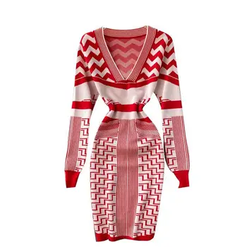Megzti Suknelę Moterų Rudenį Ir Žiemą Naujas Geometrinis Aukšto Juosmens Seksualus Liesas Suknelė