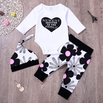 Meilė modelis Bobysuit+Gėlių Kelnės+Hat Naujausias Papildymas į šeimos Spausdinti Krapinėjimas mergaičių apranga 2020 Kūdikiui baby girl 3 VNT Rinkinys