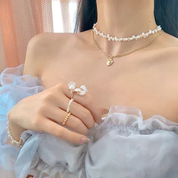 MENGJIQIAO korėjos Elegantiškas Gėlavandenių Perlų Širdies Choker Papuošalai Moterims, Merginoms Šalis Vestuvių Grandinės Karoliai Bijoux Colares