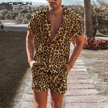 Mens Mados Leopardas Spausdinti Rinkiniai Trumpas Rankovės Atvartas Elastinga Marškinėliai Šortai Rinkiniai Vasaros Paplūdimio Mens Kostiumai Stteetwear S-5XL INCERUN7