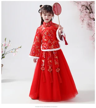 Mergaitė Žiemos Dress Han Fu Naujųjų metų Suknelė Mergina Vaikų Dramaturgic Skraiste Suknelė Tradicinę Kinų Senovės Storio Suknelės