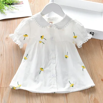 Mergaičių marškinėliai vasaros suknelė 2020 naujų korėjos siuvinėjimo megztinis trumpomis rankovėmis viršuje kūdikio balti marškiniai