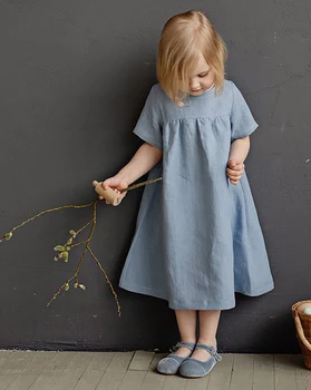 Merginos apvalios kaklo vientisos spalvos klostuotas medvilnės ir lino suknelė 2020 metų vasaros naują korėjos prarasti trumpas rankovėmis vaikų suknelė TZ31