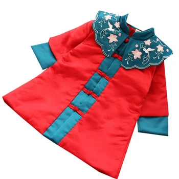 Merginos Hanfu medvilnės kamšalu striukė Kinų stiliaus rudens ir žiemos drabužių Naujųjų Metų drabužių vaikams, Tango kostiumas