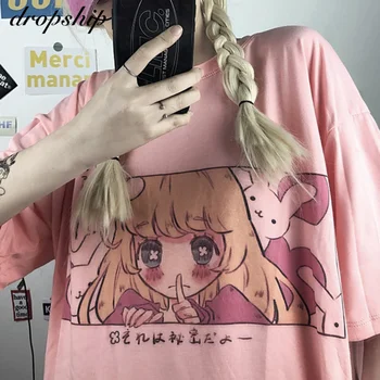 Mielas animacinių filmų saldus mergaičių Japonijos streetwear Harajuku rožinė įdomus kawaii atsitiktinis viršūnes Ulzzang derliaus laisvi Naujas Vasaros moterims T-shirt
