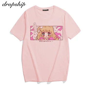 Mielas animacinių filmų saldus mergaičių Japonijos streetwear Harajuku rožinė įdomus kawaii atsitiktinis viršūnes Ulzzang derliaus laisvi Naujas Vasaros moterims T-shirt
