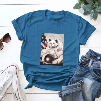 Mielas Plius Dydis 2020 Streetwear T-shirt Naujus Marškinėlius Moterims Punk Asmenybės Maža balta Katė yra Kosmonautas Grafinis Hipster Marškinėlius
